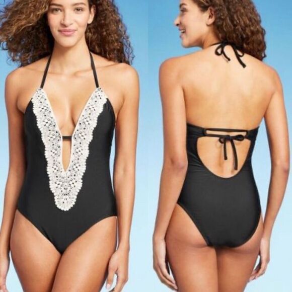Shade & Shore Crochet Detailing Black One Piece Swimsuit Small - Picture 1 of 5